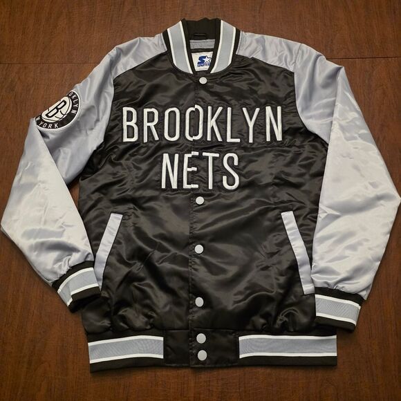 Starter Brooklyn Nets Black Silver Satin Front Snap Varsity Jacket Men's Size M - Picture 1 of 3